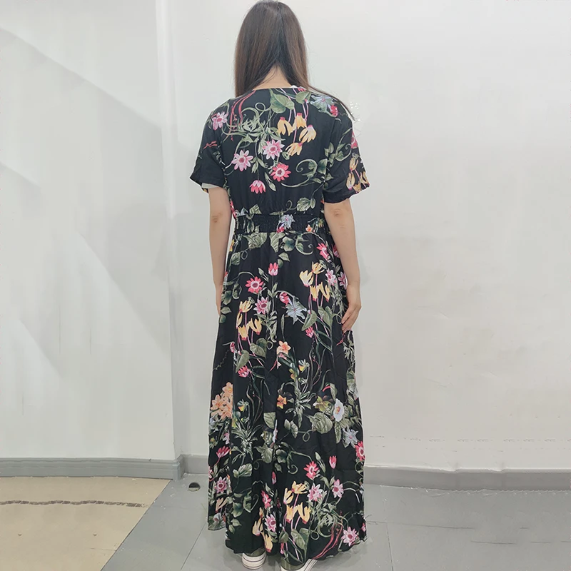 

Summer Beach Maxi Dress V-neck Cotton Short Sleeve Holiday Casual Long Dress Floral Print Boho Split Party Dress Robe Femme