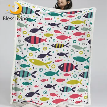 BlessLiving Colorful Fish Sherpa Blanket Striped Fish Soft Blanket For Bed Cartoon Plush Bedspreads for Kids Cute Custom Blanket 1