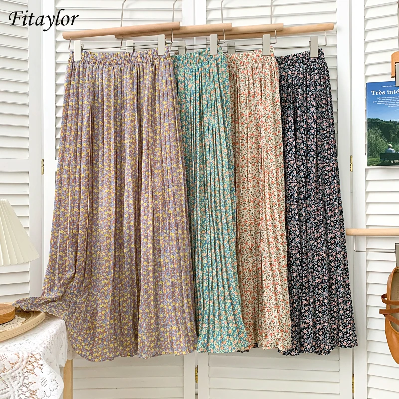 

Fitaylor/Новые летние женские повседневные шифоновые юбки с высокой талией и цветочным принтом; Милые женские плиссированные юбки средней длин...