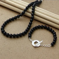 new 8mm black agate beaded chain 925 silver ot clasp necklace bracelet set for womens wedding engagement party jewelry