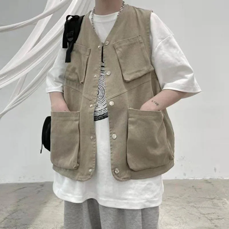 

New Korean Men Cargo Vest Mens Fashion Tooling Vest Hip Hop Sleeveless Jacket Loose Casual Multi-Pocket Outdoors Spring Jacket