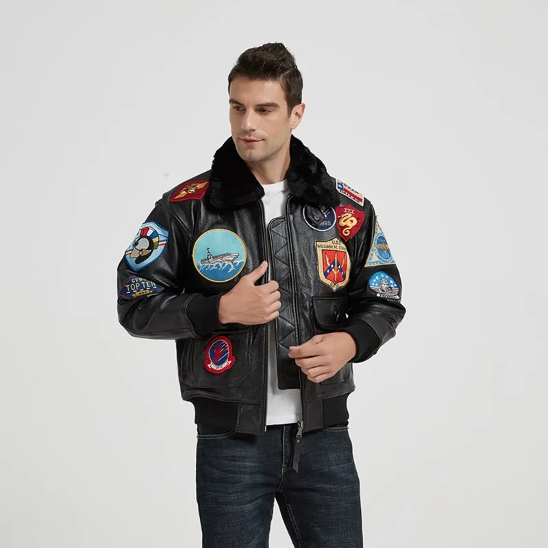 

2021 Black Military Style TOP GUN Pilot Leather Jacket Men Europe Size Genuine Natural Thick Cowhide Winter Aviation Coat