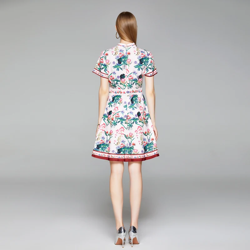 

2020 Summer New Mini Dress Sexy Stand Collar short Sleeve Flower Print Dress Fashion Holiday Party Dress Vestidos