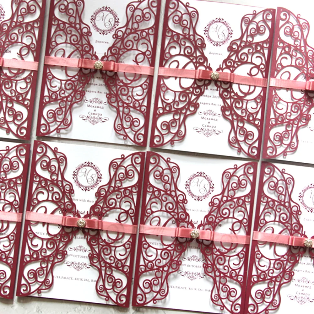 Burgundy Laser cut wedding invitation card With Diamods The shape of the door can be customized to modify the letters images - 6