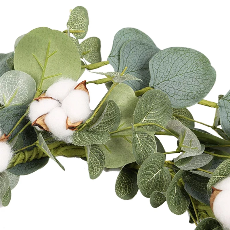 

Artificial Eucalyptus Green Leaf Wreath with Cotton, Spring Summer for Front Door Bedroom, Easter Valentine Decor