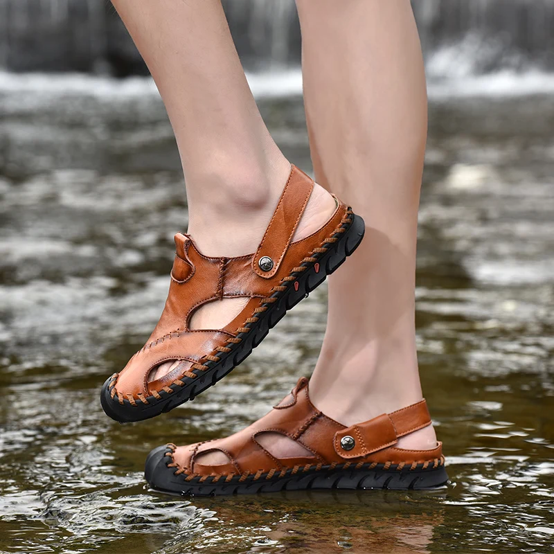 

Leather Summer Soft Male Sandals Shoes For Men Breathable Light Creek Shoes Mountaineering Hiking Non Slip Fishing Wading Shoes