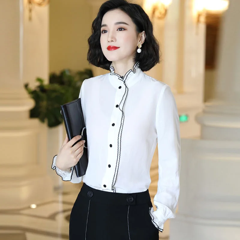 2019 Spring Fall Fashion Office Ladies Woman Ruffled Stand Collar White Black Chiffon Top Blouse Shirt , Tops Blouses for Women