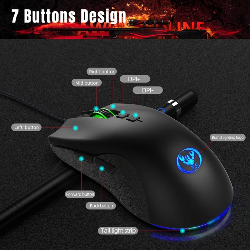 

7 Buttons 6400DPI Adjustable USB Wired Mouse Optical Programmable Mice Luminous RGB LED Backlight for PC Laptop Computer