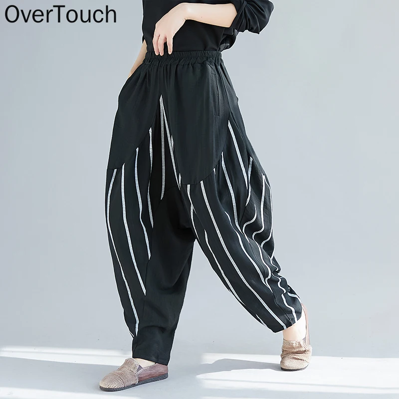 

Oversize Women Pants Vintage Trousers Pantalones Cotton Spliced Striped Black Female Harem Pants Loose Plus Size Spring 2021
