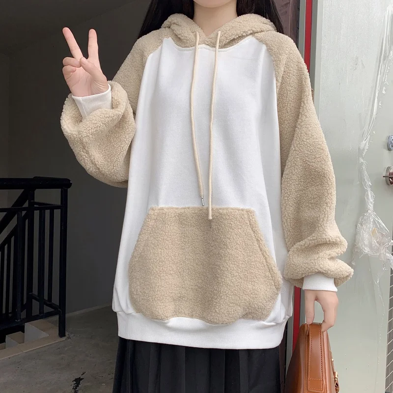 

Пуловер флисовый Женский, зимний, с капюшоном, в Корейском стиле