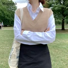 Вязаный свитер, однотонный свободный свитер, весна-осень, женский жилет с V-образным вырезом, вязаный жилет, женская верхняя одежда, Офисная модная одежда 10974