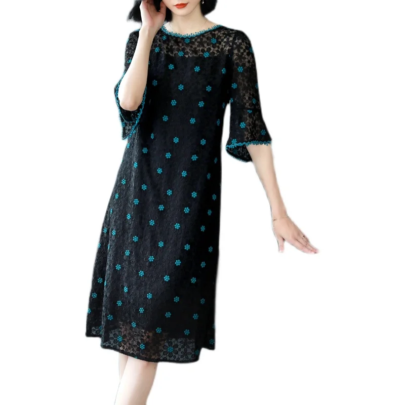 

COIGARSAM 3XL Plus Size National Wind Floral Print Women dress New Spring French Style Lace Dresses Black 8817