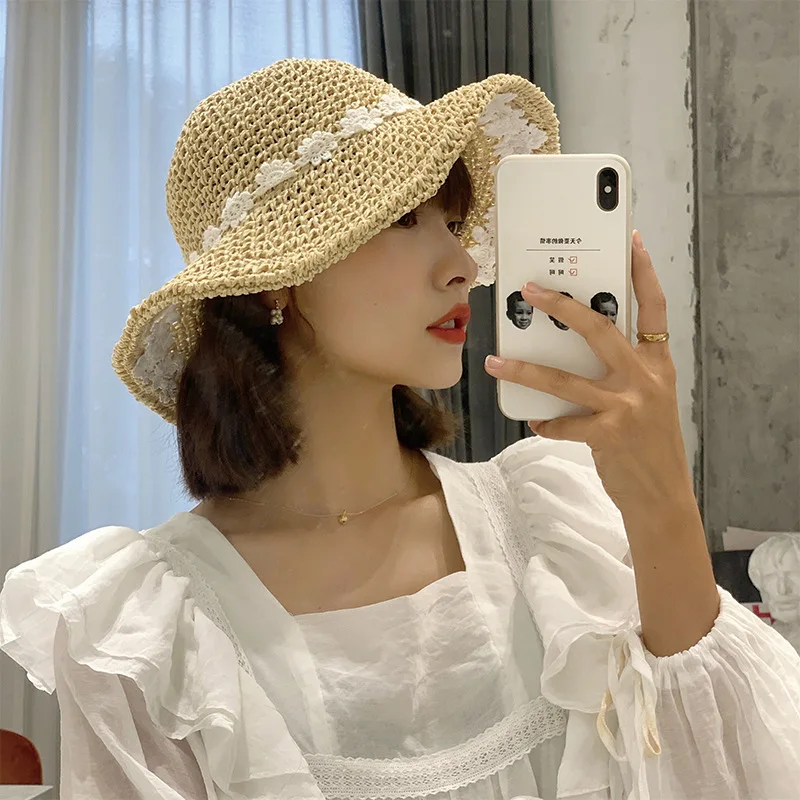 

Women's bucket hat summer cute flower breathable Cap Japanese straw woven hollow bucket hat fashion foldable shade bucket hat