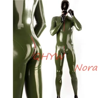 army green latex fetish catsuit with front zip rubber jumpsuit handmade uniform bodysuit no hood no gloves
