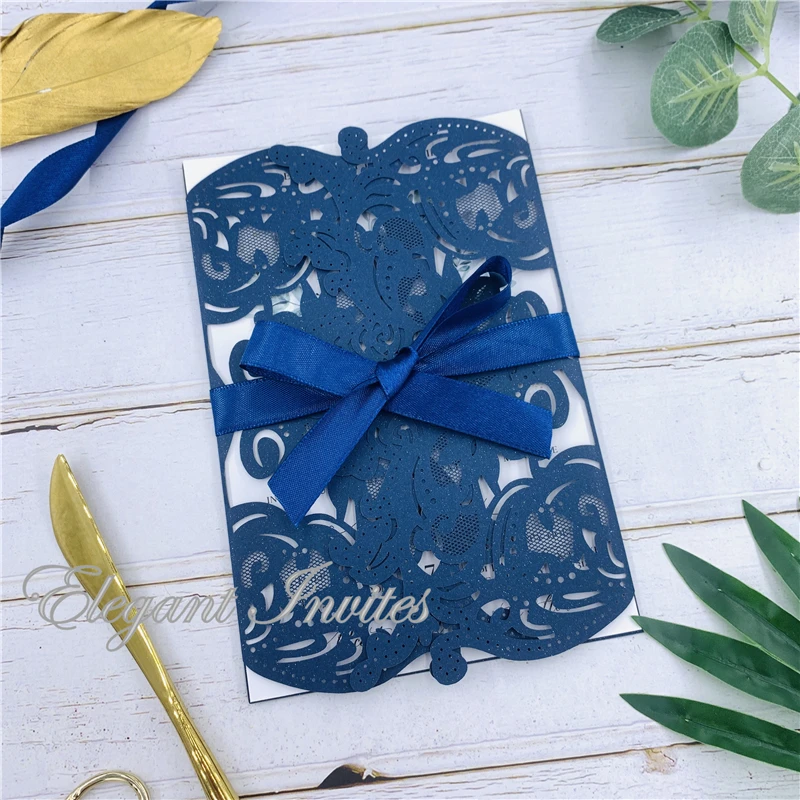 

European Customize Print High-end Dark Navy Wedding Invite Card Laser Floral Glittery Engagement Baptism laser Invitations card