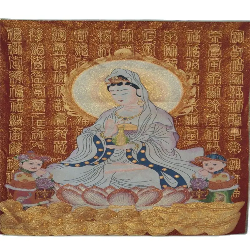 

China Tibet Unique Silk Embroidery Tang Card Old Brocade Painting Guanyin Statue Home Decor Decoration Pure Handmade