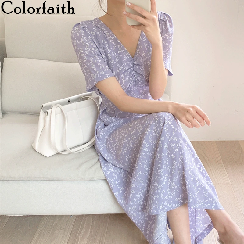 

Colorfaith New 2021 Women Summer Dresses V-Neck High Waist Printed Floral Chiffon Vintage Lace Up Elegant Lady Long Dress DR3379