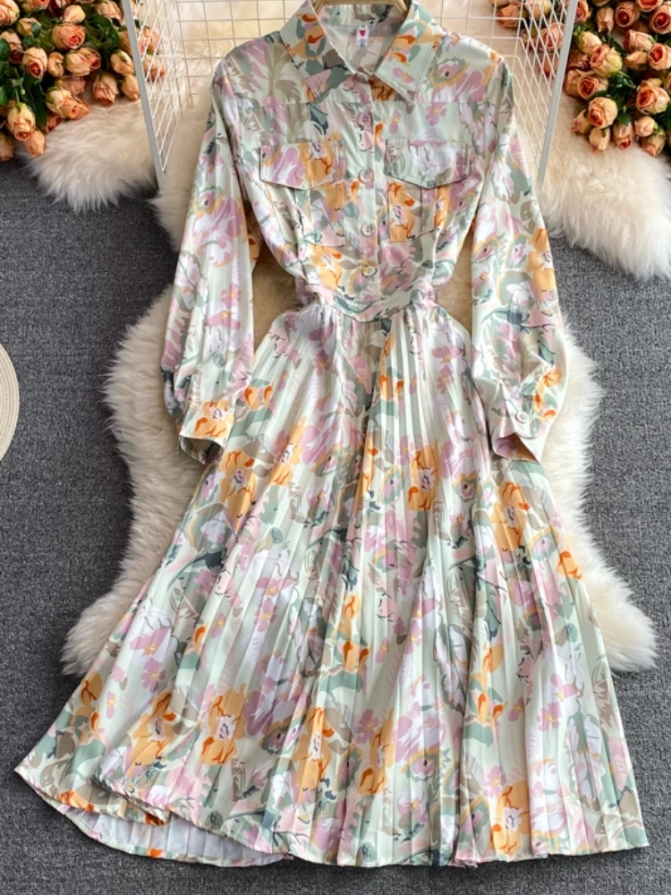 

Aibeautyer New Summer Casual Floral Print Pleated Lady Full Dress A Line Polo Collar Chiffon Single Breasted Women Dresses