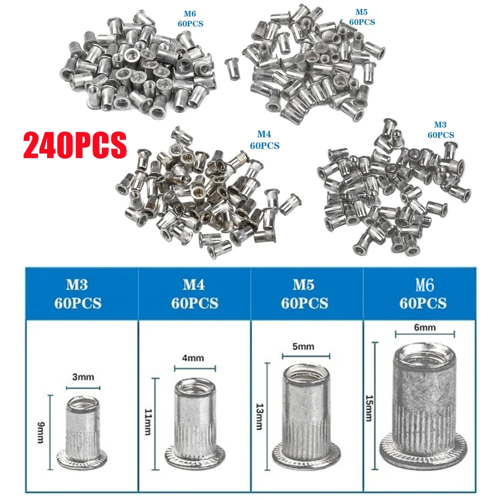 

240PCS M3 M4 M5 M6 Flat Head Threaded Insert Nut Rivet Cap Set Mix Size Threaded Nuts Aluminum Alloy Rivet Nuts Assorted