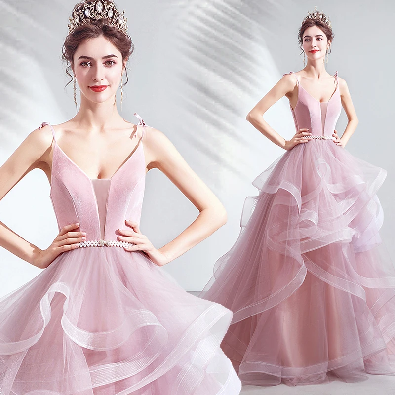 SSYFashion Новое милое розовое вечернее платье сексуальное с v-образным вырезом без рукавов с коротким шлейфом Пышное длинное вечернее платье для выпускного вечера De Noche - Цвет: Розовый