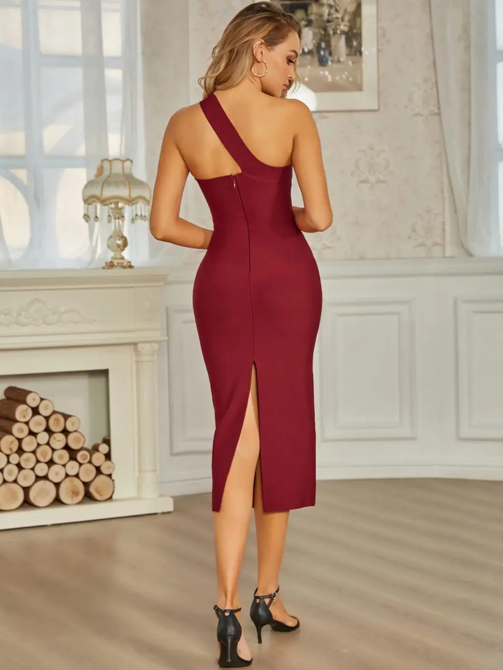 

Sale Solid Nude Women Sexy One Shoulder Burgundy Midi Elegant Bandage Dress Ladies Club Celebrity Bodycon Party Dress Vestido