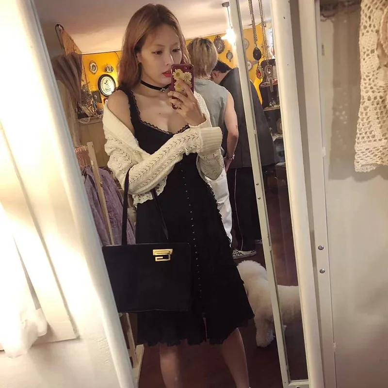 Kpop 4Minute Kim Hyun A same летнее модное черное сексуальное тонкое кружевное платье женское корейское уличная платье на бретельках женская одежда