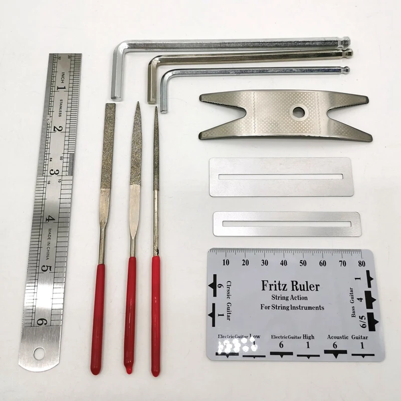 

Guitar Repairing Tool Kit(26Pcs) Wire Plier,String Organizer,Fingerboard Protector,Hex Wrenches, Files, String Ruler Action Rule