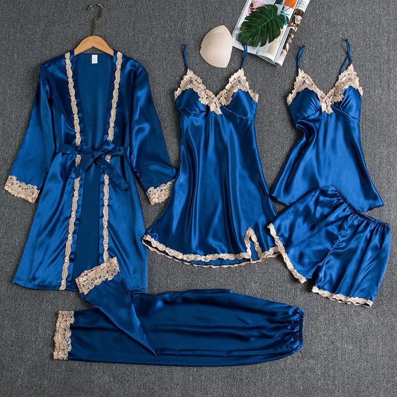 

Lace Female 5PCS Robe Suit Satin Nightwear Kimono Bathrobe Gown Sexy Nightdress Sleepwear With Pads Intimate Lingerie Nightgown