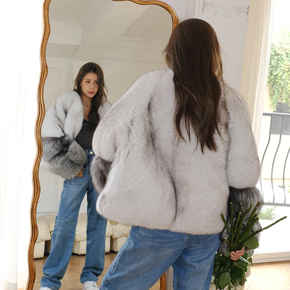 Woman Fashion Short Natural Fox Fur Jacket V-neck Luxury Women Real Fox Fur Coats Female Casual Winter Trendy Thick Fur Overcoat
