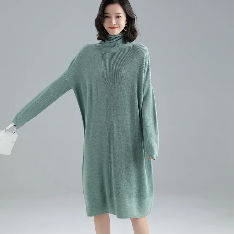 2020 New women knit sweater wool dresses turtleneck solid autumn winter cashmere dress | Женская одежда