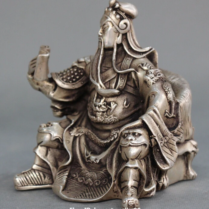 

DECOR BRASS ASIAN CHINESE STATUE WHOLESALE TIBET SILVER CHINESE SILVER DRAGON CHAIR WARRIOR GOD GUANGONG LOOK BOOK STATUE