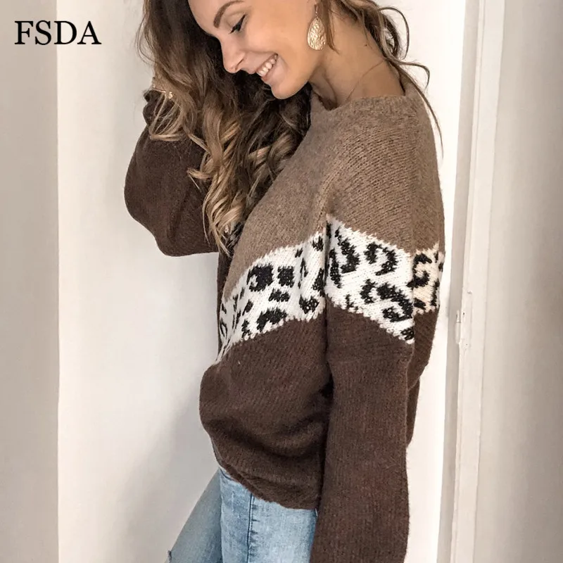FSDA Patchwork Women Leopard Sweater O Neck Loose Casual Coffee Autumn Winter Pullover Plus Size Knitted Jumper Pattern Sweaters | Женская