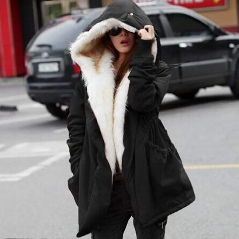 

Lugentolo Fur Collar Hooded Jacket Women Winter Coat Long Sleeve Fleece Zipper Solid Slim Zipper Woman Parkas