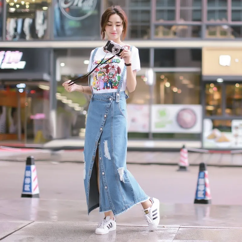 Летние Асимметричные рваные женские джинсовые платья на подтяжках с высокой