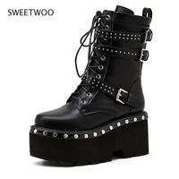 2021 spring lace up motorcycle boots for women round toe thick platform high heels female ankle boots gothic style shoes