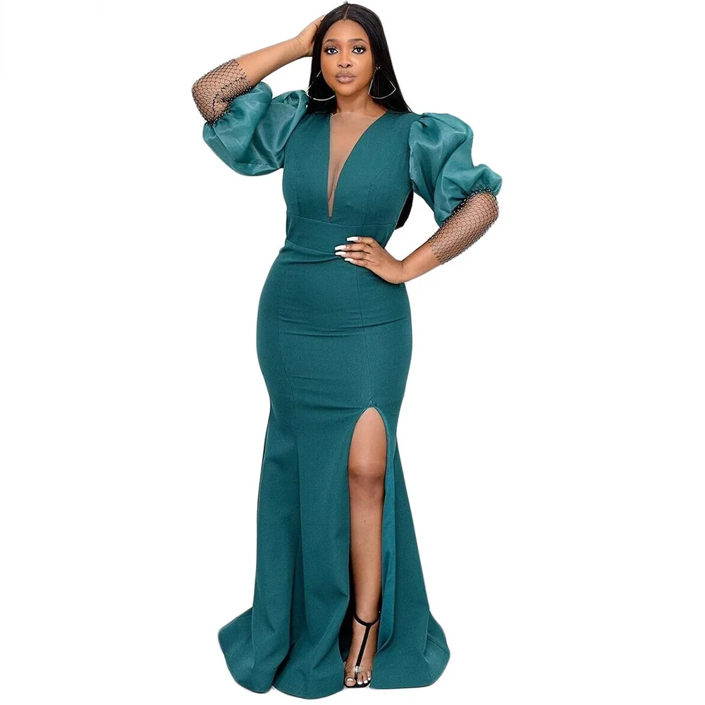 

Длинные африканские платья для женщин 2021, облегающее платье макси, африканская одежда Дашики, сексуальное платье с высоким разрезом и V-обра...