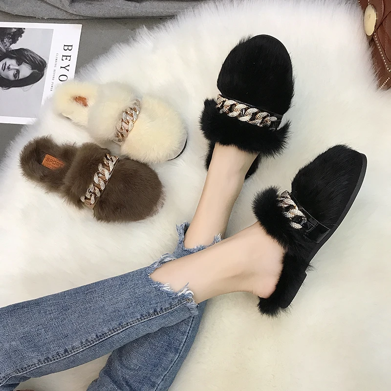 Мюли женские меховые без застежки домашние плюшевые тапки плоская подошва