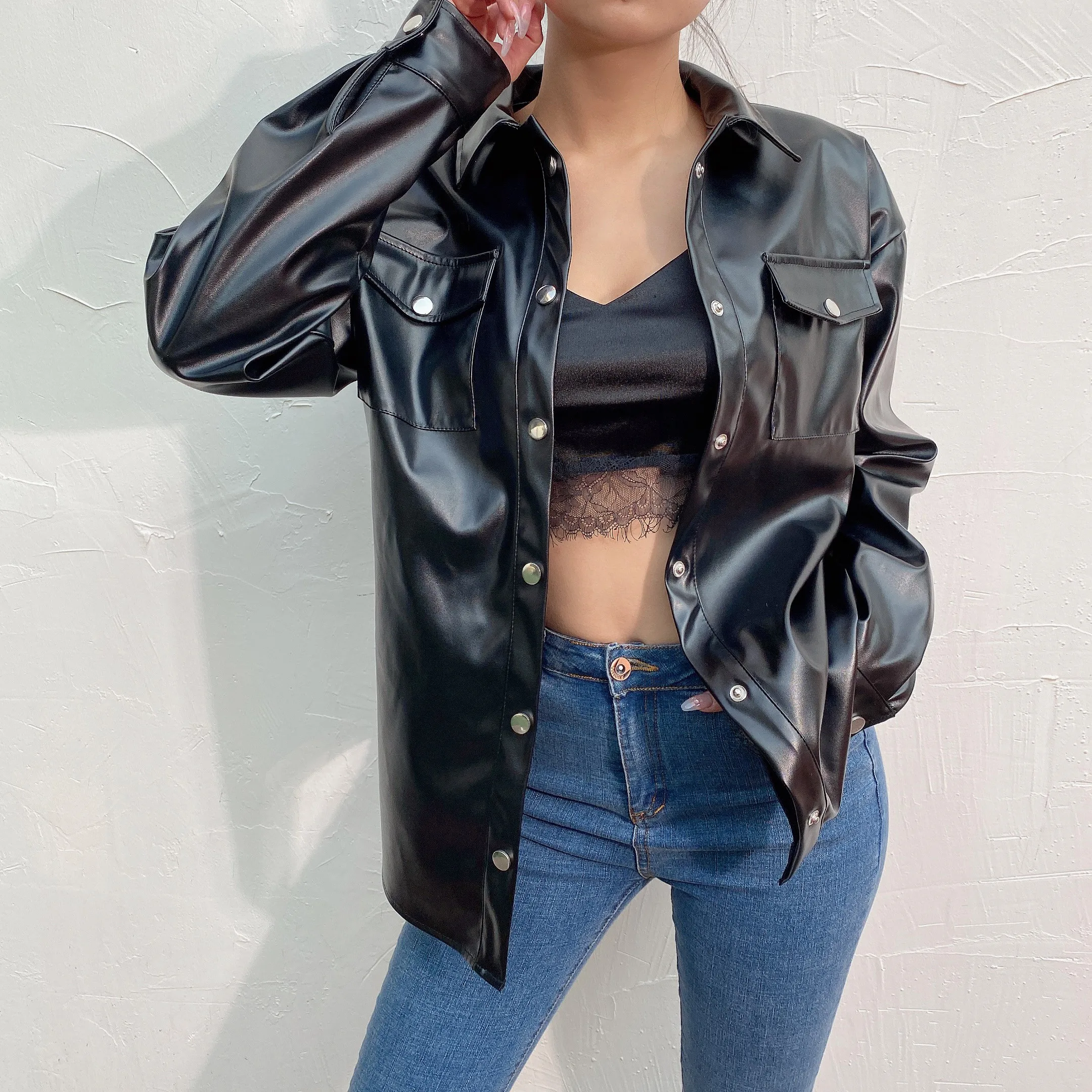 

Autumn 2020 Streetwear Black PU Shirts Women Leather Tops Coat Women Esthetic Gothic Vintage Outfits Fashion Tops Shirts