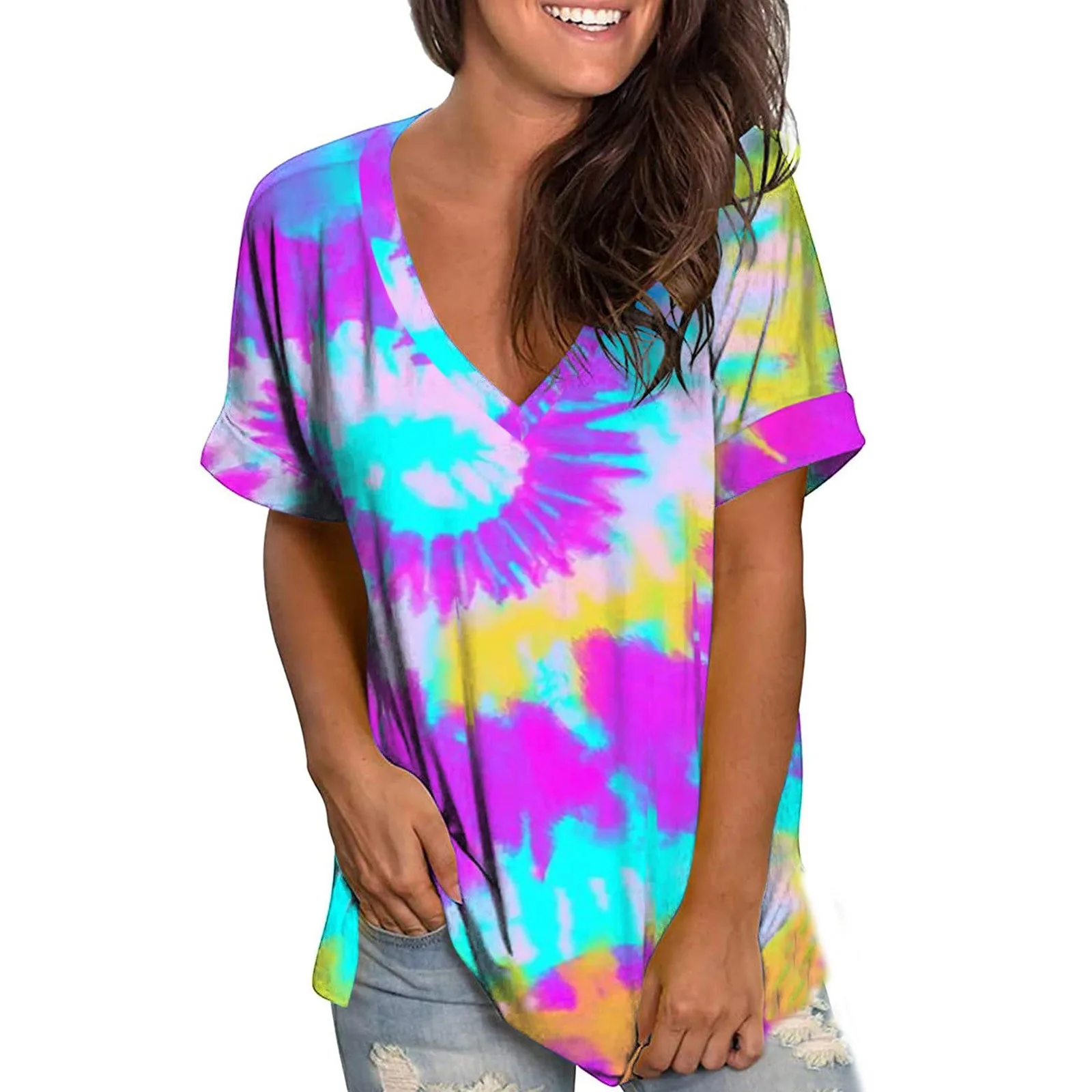 

Summer Fashion Tie-dye Short Sleeve T-shirt Printing Blouse Pullover Ladies V-neck Tops Short Sleeve Women Casual T-shirt Tops