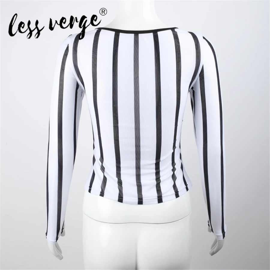 

Lessverge Women Top Base Tight Striped Long-Sleeved T-shirt Street Style Chiffon Sexy T-shirt All Match Casual Slim Fit T-shirt