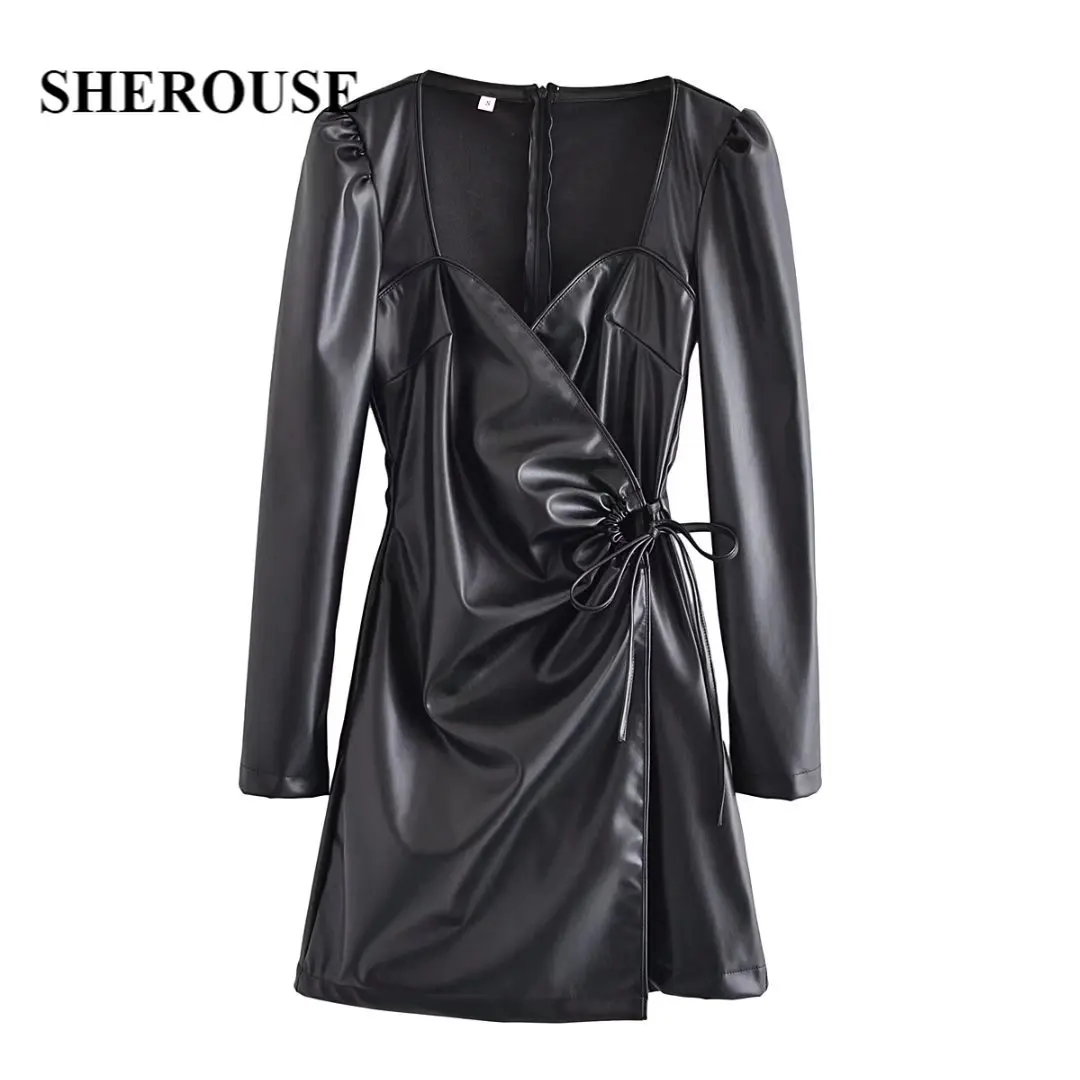 

Женское винтажное мини-платье Sherouse, Черное мини-платье из искусственной кожи на шнуровке с длинным рукавом и v-образным вырезом