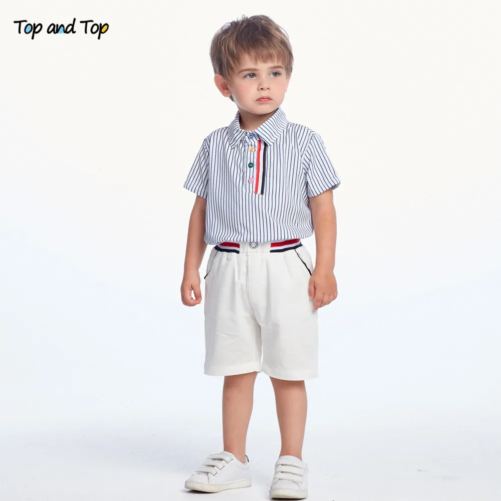 Топ и топ летний модный детский костюм для мальчиков блузка в полоску с коротким