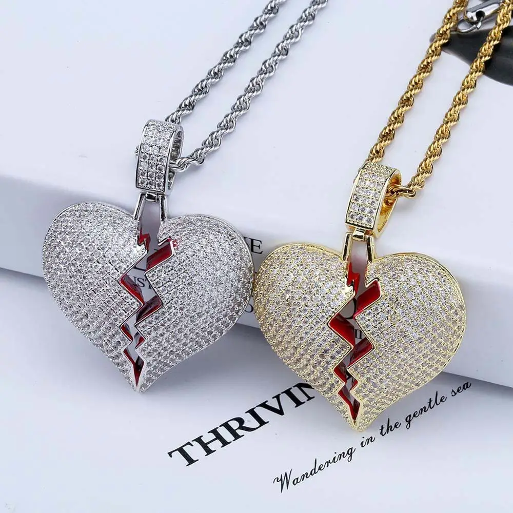 

Fashion Broken Heart Iced Out Chain Pendant Necklace Statement Gold Color Cubic Zirconia Tennis chain Hip Hop Mens Jewelry Gift