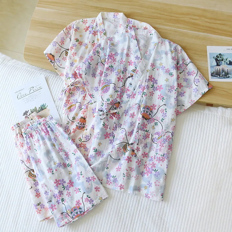 

Summer Women Pajamas Thin Kimono Sleepwear V-Neck Short Sleeve Lounge Wear Double-decker Cotton Yarn Pijama 2 Piece Home Suit