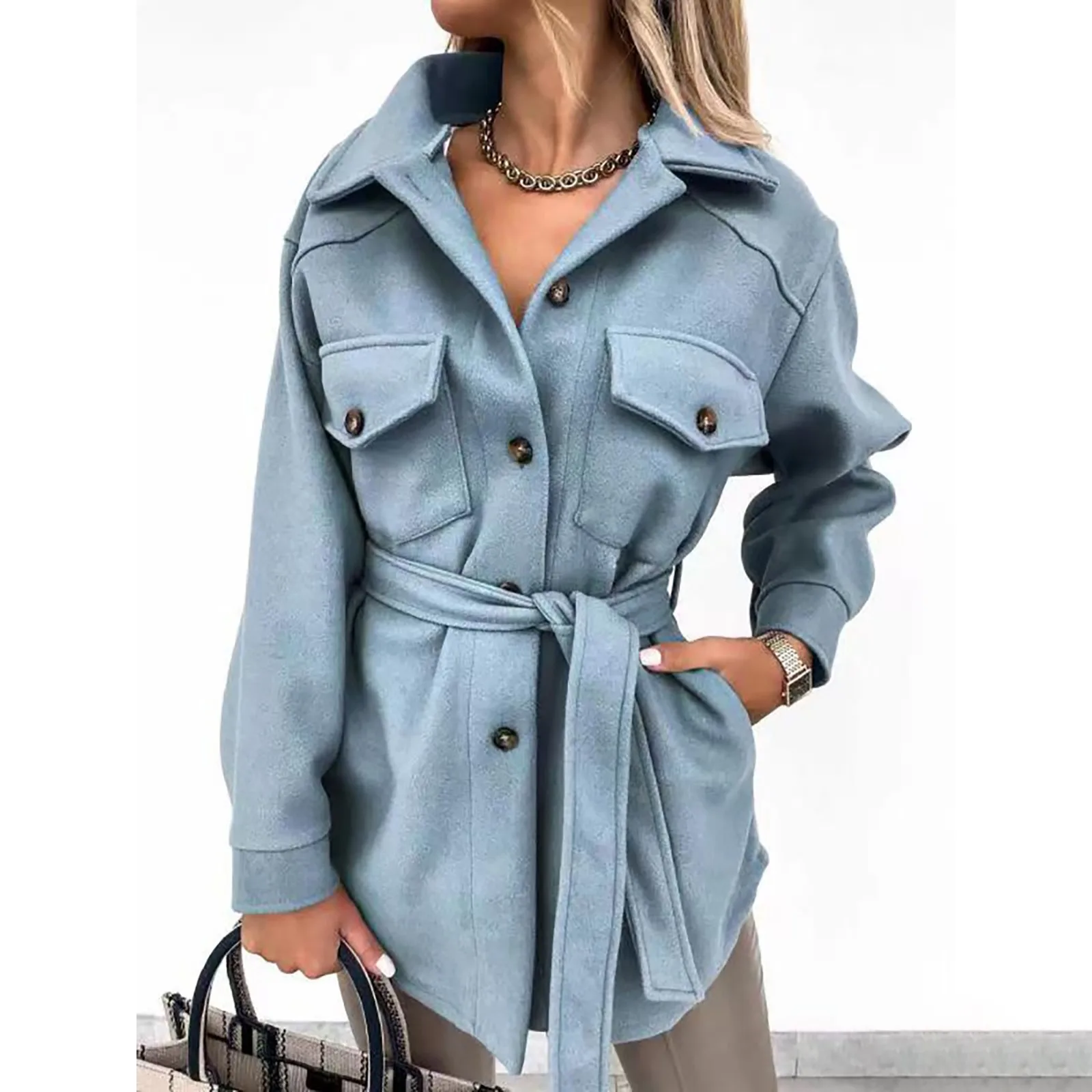 

Winter Women's Fashion Casual Solid Colors Blet Wool Turn Down Collar Elegant Coat Single-Breasted Long Sleeve Jacket Outwear#g3