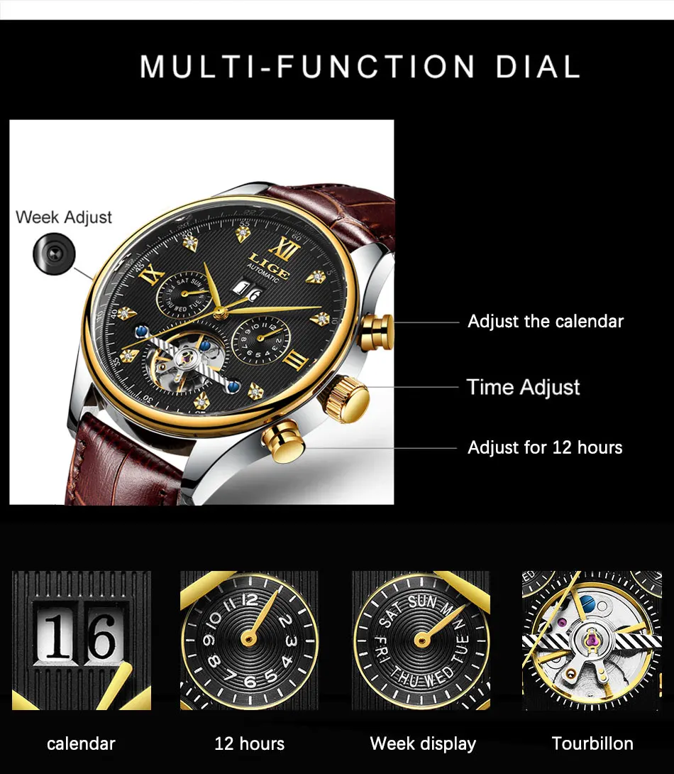 LIGE Брендовые мужские часы автоматические механические часы Tourbillon спортивные часы кожаные повседневные деловые часы в ретро-стиле Relojes Hombre
