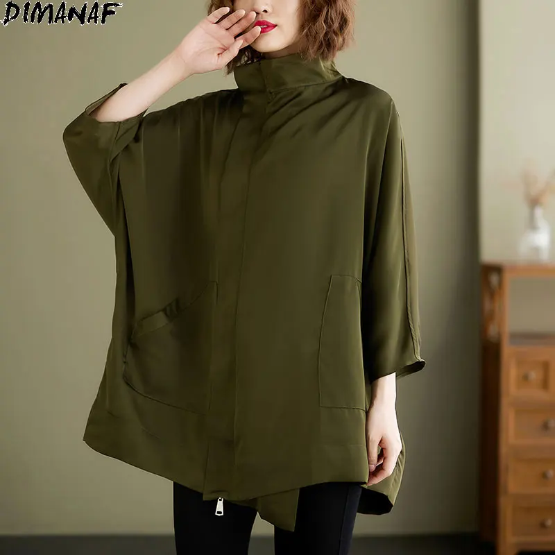 

DIMANAF Autumn Winter Bomber Jacket Bat Coat Women Oversize Turtleneck Loose Zipper Casual Green Lady Outerwear Button Cardigan