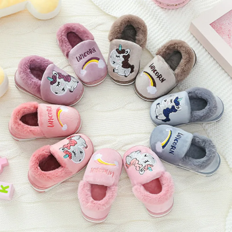 Детские зимние тапочки с радужным единорогом для маленьких мальчиков и девочек