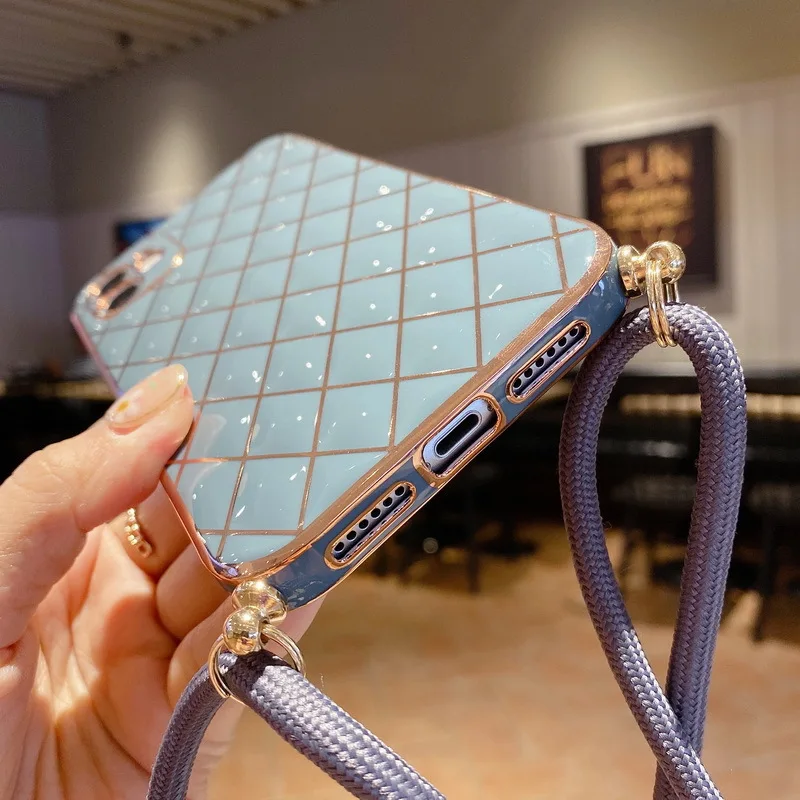 

For iPhone 12 11 Pro Max Cases Luxury Plating Crossbody Lanyard Chain Phone Case For iPhone X XR XS Max 7 8 Plus Back Cover