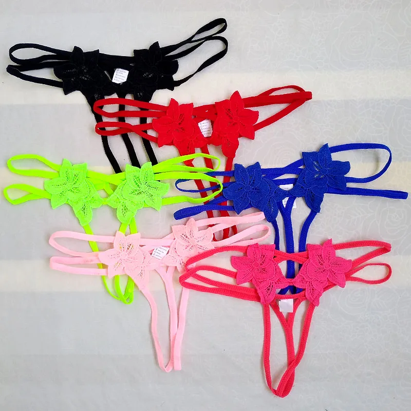 Трусики с открытой промежностью вышивкой цветами стринги нижнее белье для